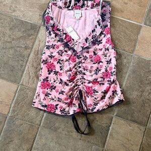Maeve Pink Floral Ruched Tank with Navy Accents
